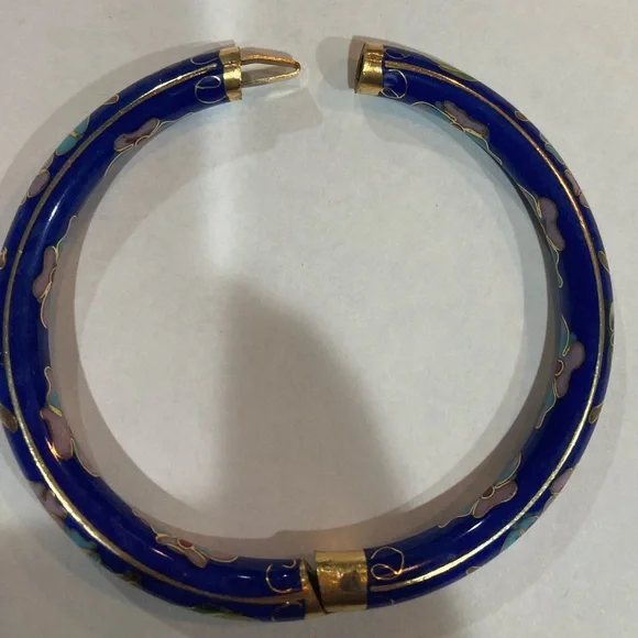 Cloisonné Hinged Bangle Bracelet Blue Pink Brown Yellow Good Used Condition - Picture 7 of 9
